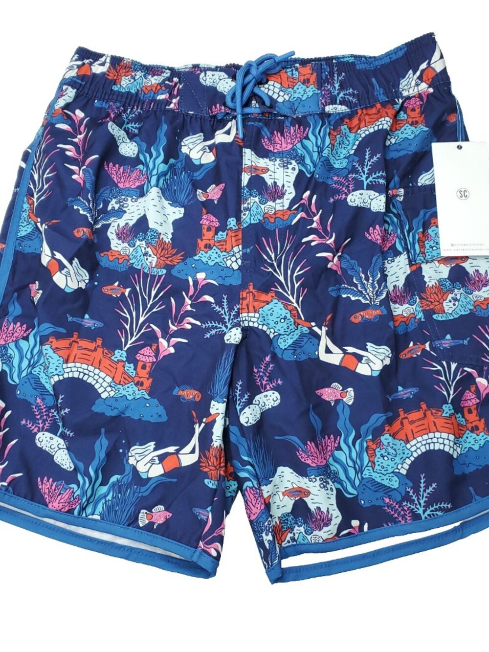 Sovereign Code LA Swim Trunks Men Blue Small Ocean Print Underwater Mesh Lined